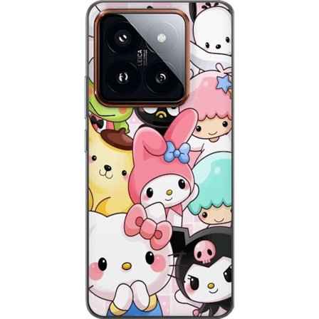 Kompatibelt Mobildeksel til Xiaomi 14 Pro Tett mønster av søte figurer med store øyne i ulike farger og uttrykk med LABUBU-tekst