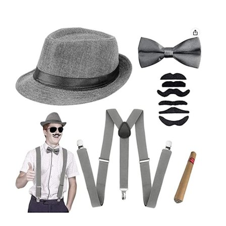 Grå 1920-tals herr accessoarer Flapper Gangster Set Great Gatsby kostym kit 20-tal med Trilby hatt elastisk mustasch hängslen herr fickur