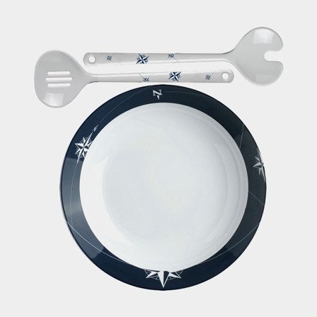 Ensaladera y cubiertos de ensalada de melamina Marine Business Northwind, blanco/azul, 25 cm