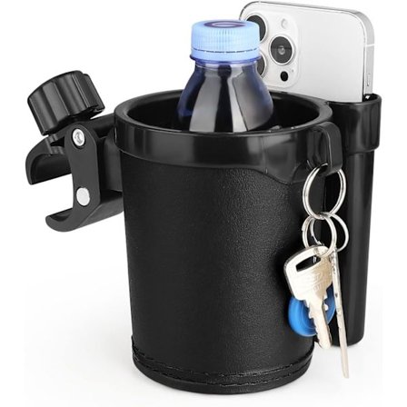 Barnvagnskopphållare med mobiltelefonnyckelring, universell 3 i 1 flaskhållare för barnvagn, cykel, rullstol, rullator, skoter, svart
