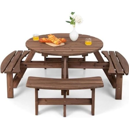 COSTWAY Havekøkken i Lakeret Fyrretræ - Sæt bestående af Bord og 4 Havnebænke - 8 Personer, Parasolhul - Pool, Pic Nic