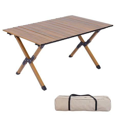 Campingbord i kolstål, träkorn för 4-6 personer, upprullat lätt picknickbord med stor bordsskiva och bärbar handväska (90 cm)