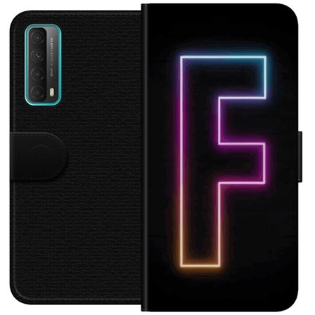 Yhteensopiva Lompakkokotelo Huawei Huawei P smart 2021 Neonkirjain F vaaleanpunaisella, sinisellä ja keltaisella valokehyksillä tummaa taustaa vaste
