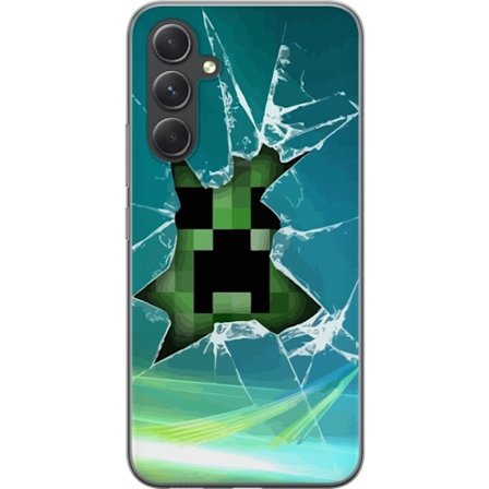 Kompatibelt Mobilskal till Samsung Samsung Galaxy S24 Minecraft Creeper genom krossat glas med dramatisk explosionseffekt där ikoniska Creeper bryter