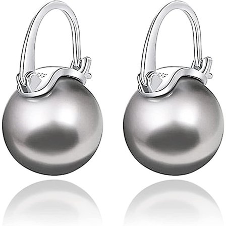 Elegante 925 Sterling Sølv Hvide Perle Dråbeøreringe Hængende Knapperinge Til Kvinder Stor Størrelse 12mm Grå -