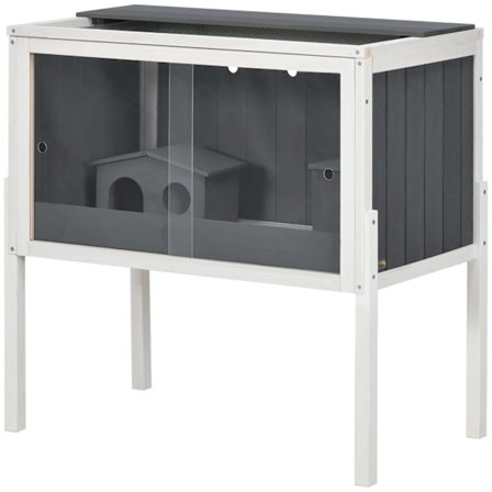 Hamsterbur i træ til dværghamstere, gnaverbur, smådyrsbur med 2 hytter og tilbehør, stort musebur, 82 x 45 x 81 cm, grå