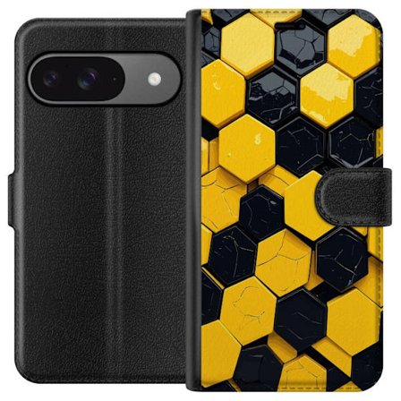 Kompatibel Tegnebogsetui til Google Pixel 9 Gul Sort Hexagon Tech Mønster
