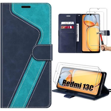 Coque för Xiaomi Redmi 13C - PU-läder - 2 Härdat Glas - Plånbok - Inbyggt Stöd - Blå