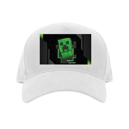 Kasket Minimalistisk grøn Creeper-figur i pixeldesign med futuristisk techbaggrund og geometriske former.