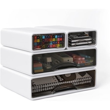 4-pack skrivbordsorganisatörer, stapelbara förvaringslådor för kontorsorganisation, lådorganisatör för pennor, häftapparater, självhäftande lappar, A4