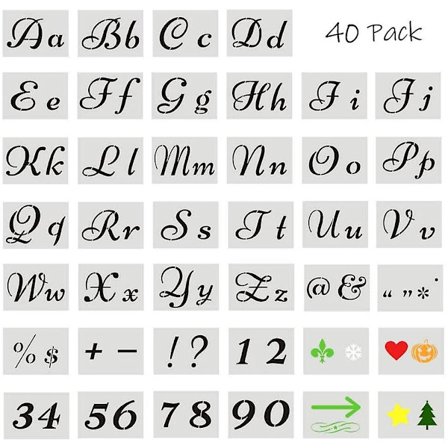 40 Sjablonger med bokstaver for maling på tre, 80 håndverkssjablonger, gjenbrukbare plastbokstavsjablonger med tall og symboler