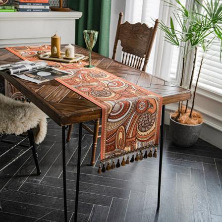 Garnfärgad Jacquard Bordslöpare Vintage Etnisk stil Duk Tofs Hushållspolyester Dammtäta dukar Bordslöpare Taffel Flagga Retro orange coffee tassel 