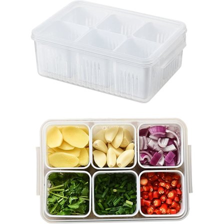 Madopbevaringsbeholder, køleskabsbeholder til frisk opbevaring, inkluderer 6 aftagelige små rum, bærbar opdelt frugtopbevaringsbeholder.