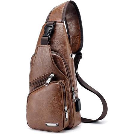 Herrslingväska bröstväska med Acsergery USB-laddningsport vattentät PU-läder crossbody-present