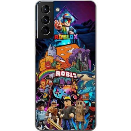 Kompatibelt Mobildeksel til Samsung Galaxy S21+ 5G Dynamiskt Roblox univers collage med karakterikoner og fantasimiljø fargerike spillmotiver