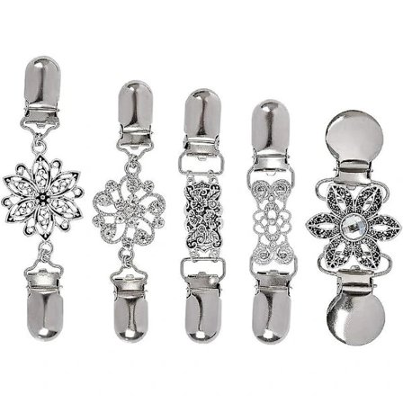 5 stykker Dame Cardigan Clips Vintage Trøje Clips med Blomster Rhinestone Tørklæde Krave Metal Clips Trøje Kæde Kreativ Sølv