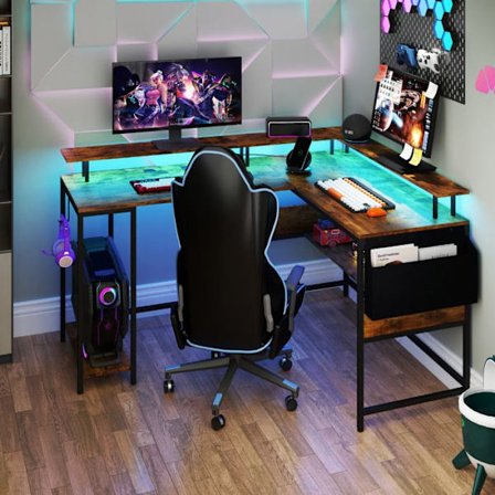 COSTWAY Gaming-bureau i L-form med LED-lys og stikkontakter - Metalramme, Brun, 146 x 115 x 85,5 cm