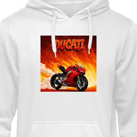 Børne hoodie Ducati Fire Ride med rød sportsmotorcykel mod flammende baggrund, hurtigt og adrenalinfyldt motiv for motorfans