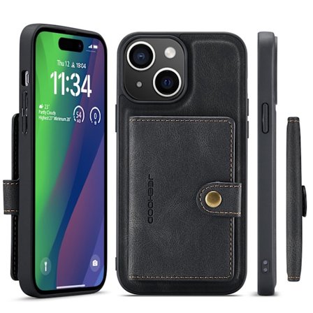iPhone 15- Läderplånboksfodral med magnetiskt hållare