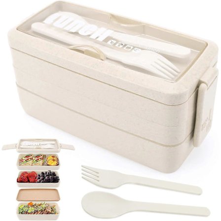 3-lagers Lunchlåda Bento Box för Vuxna, 4-i-1 Matlåda med Gaffel & Sked, 1000ml Matförvaringslåda, Mikrovågsugn och Diskmaskin Säker