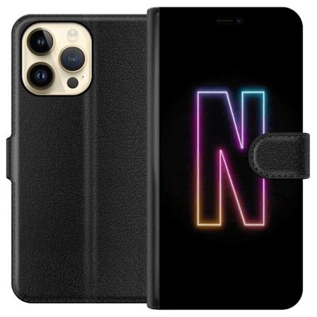 Kompatibel Tegnebogsetui til Apple Apple iPhone 15 Pro Max Minimalistisk neonbogstav N i farveskiftende lys mod sort baggrund