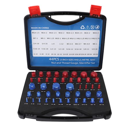 44 stk. mutter- og boltgjengesjekker i aluminium, tommer og metrisk, presise bolt- og mutteridentifikatorer