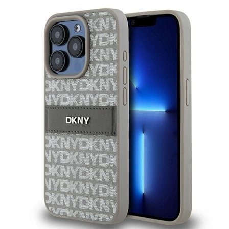 DKNY läderfodral med monostripe och metallogo för iPhone 15 Pro Max - beige