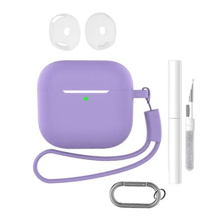 Lämplig för AirPods 4 hörlurar silikon skyddsfodral set med anti-förlorad nyckelring, rem, öronproppar, rengöringspenna (flerfärgad, lila)
