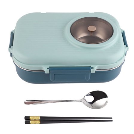 1100 ml Dobbelt Lag 3 Rum 304 Rustfrit Stål Termisk Madpakke Bento Boks med Spisepinde Ske Suppeskål Blå