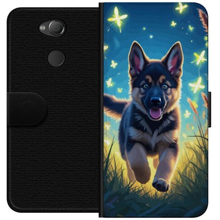 Kompatibelt Lommeboketui til Sony Sony Xperia XA2 Tysk schäfer valp plakat valp hund hopper eng fjärler søt hund illustrasjon blå natt kunst