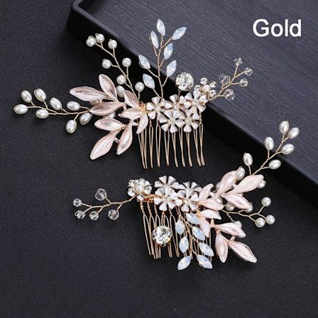 2ST/ Set Pearl Hårklämmor Brudhårskam GULD