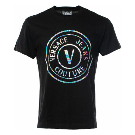 Versace Jeans Couture, holographic logo-print T-shirt Zwart, Heren, Maat:M,Katoen