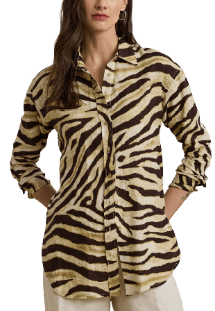 Lauren Ralph Relaxed Fit Zebra-Print Linen Shirt Skjortor Dam Vit L