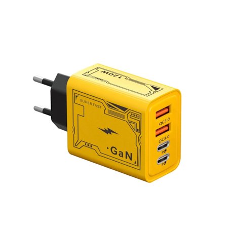Kraftfuld 120W oplader med dobbelt USB og to PD Type C-porte til samtidig opladning