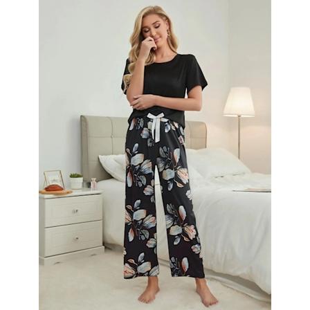 Kvindernes Pyjamas Ny Design Ensfarvet Med Kortærmede Bukser To Stykker Elegant Afslappet Hjemmesæt. black XL