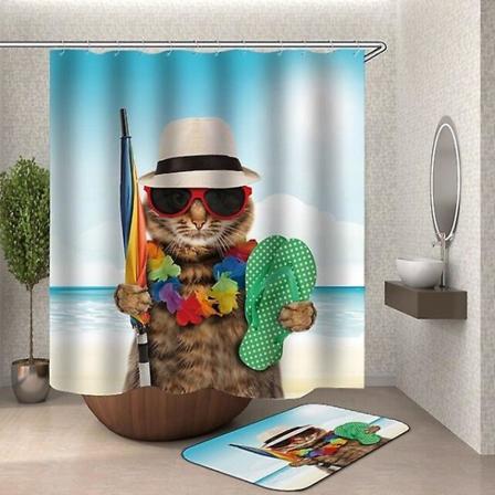 3D-sarjakuva kissan suihkuverho Hauska vedenpitävä kangas Kylpyhuoneen suihkuverhomatto Color HY136 W180xH200cm curtain
