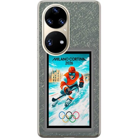 Yhteensopiva Puhelinkuori Huawei P50 Pro Curlingkuvitus pelaajilla ja kivillä jäällä, Milano Cortina 2026, lumisia roiskeita ja olympiasormukset