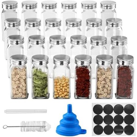 Sett med 24 krydderglass, 120 ml krydderglass, glass krydderglass med skrukork, med etikett, trakt, penn,