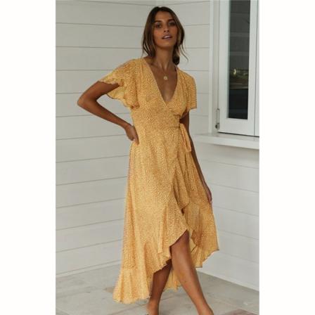 Boho Sexig Lace-up Print Lång Klänning Sommar Dam V-neck Kort Sl