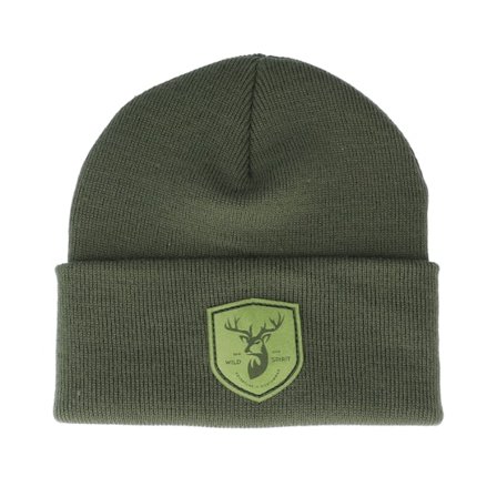 Wild Spirit - Grønn cuff Lue - Deer Shield Patch Olive/Green Beanie @ Hatstore