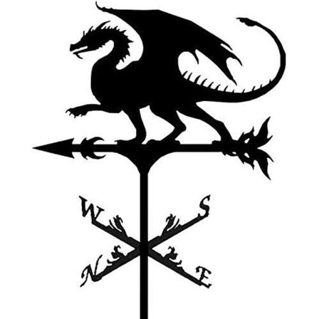 Vintage musta metallinen tuuliviiri tuulen suunnan osoittimella ulkopuutarhan katon aitauskoristeeseen (Tulilohikäärme)