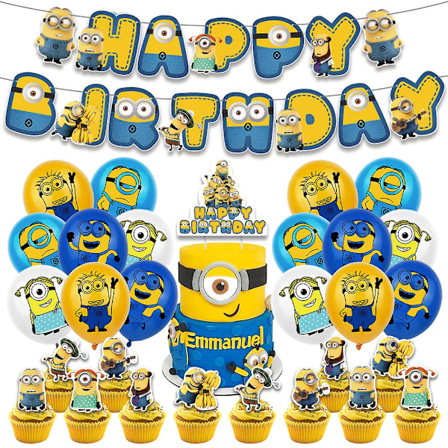 Cartoon Minions Födelsedagsfesttillbehör - 30 st Grattis På Födelsedagen Banner Tårta Topper Cupcake Topper Ballonger För Barn Pojkar Flickor Fans 
