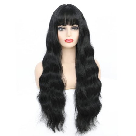 TG Sort Paryk med Pandehår Lange Sorte Bølgede Parykker til Kvinder