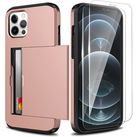 Kompatibel med iPhone 13 Pro - Deksel med kortspor [2 stk. herdet glass] Støtsikker TPU og PC Silikon - Rosa