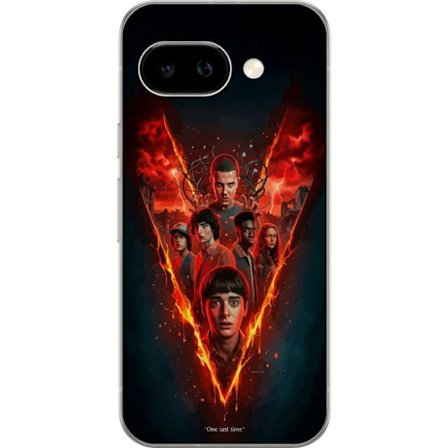 Kompatibel Mobilcover til Google Google Pixel 9a Stranger Things flammeplakat med Eleven Mike Will og bandet dramatisk Netflix design perfekt til fans