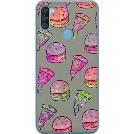 Samsung Galaxy A11 Gennemsigtig cover Holografisk mønster med pizzaskiver og hamburgere i regnbueglitter - moderne mad design i neonstil.