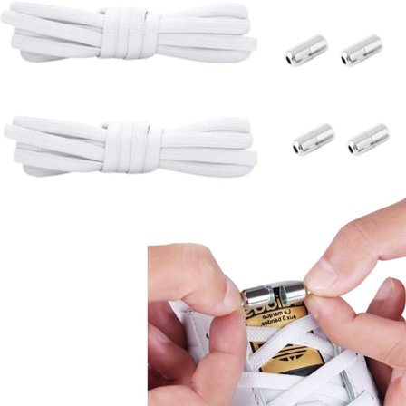 2 par - Elastiske snørebånd (ingen snøring nødvendig) - Ekstra snørebånd - Justerbare snørebånd - Hvid - 100 cm