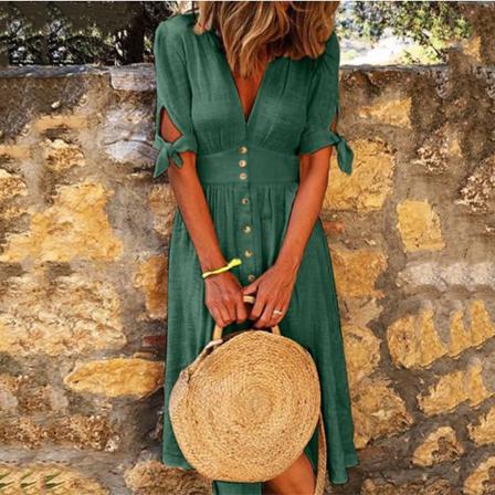Casual Kvinnor Summer Beach Boho Klänning Sexig Djup V-ringad Solid Hal
