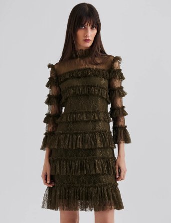 Malina Carmine Frill Mini Lace Dress - Khaki green - XL