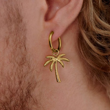 Gold-Tone Steel Drop Hoop Earring with Palm Tree Charm for Men - Charm Hoop Earrings